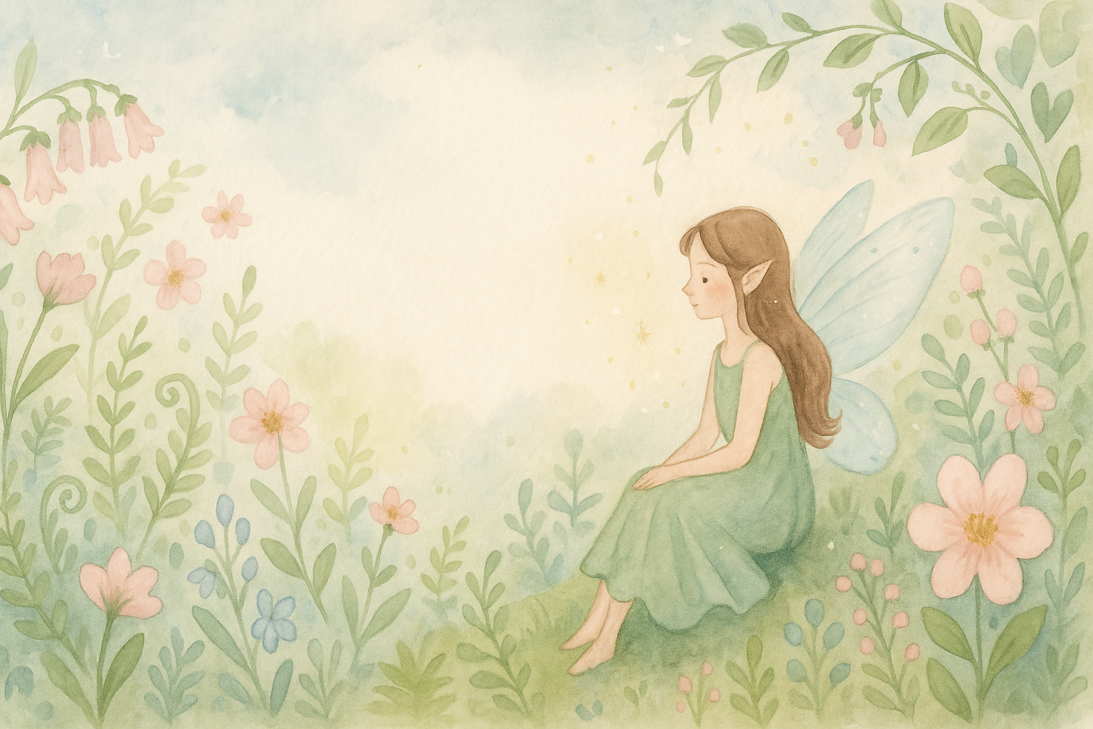 Watercolor fairy‑garden illustration with cozy pastel florals