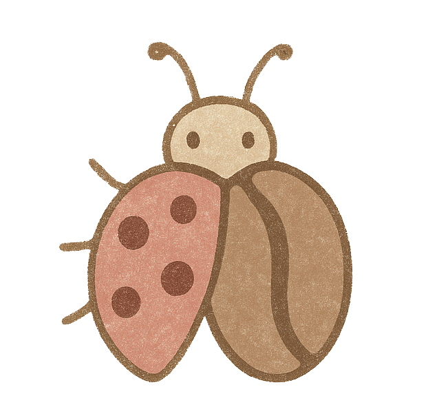 The logo for a bug & a bean is a lady bug with a coffee bean head.
